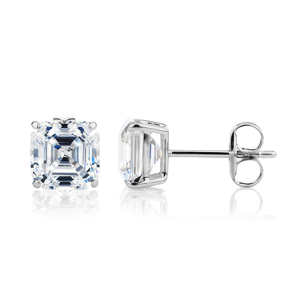 Asscher stud earrings with 3 carats* of diamond simulants in 10 carat white gold