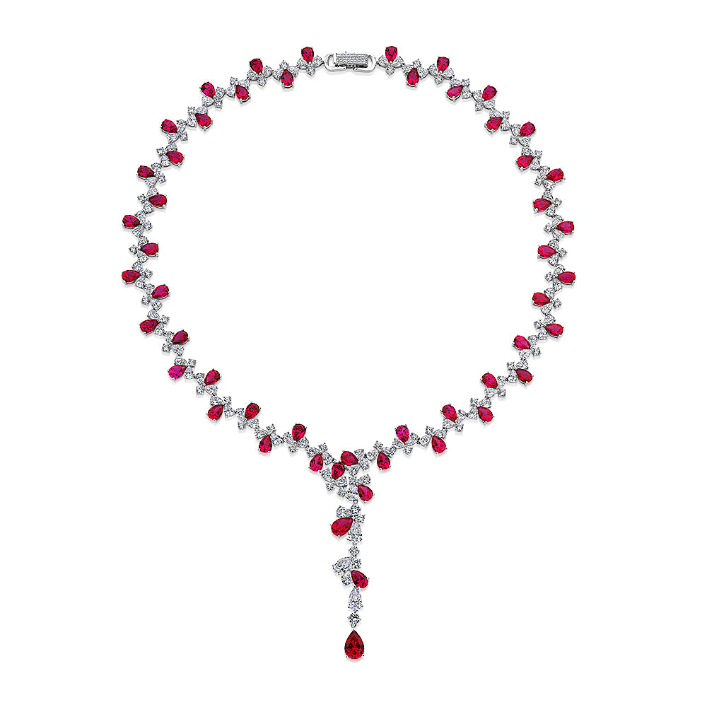 Statement necklace with ruby simulants and 32.71 carats* of diamond simulants in sterling silver