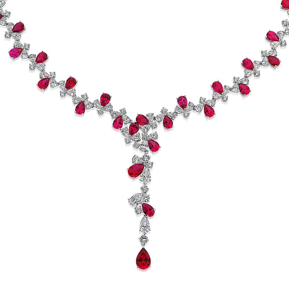 Statement necklace with ruby simulants and 32.71 carats* of diamond simulants in sterling silver