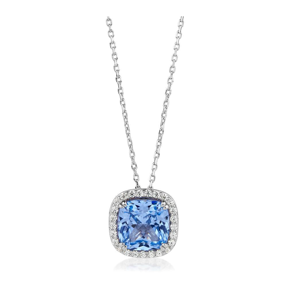 Halo necklace with blue topaz simulant and 0.22 carats* of diamond simulants in sterling silver