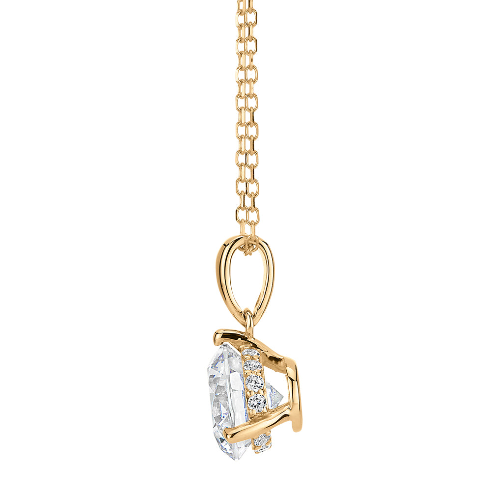 Round Brilliant solitaire pendant with 1.34 carats* of diamond simulants in 10 carat yellow gold