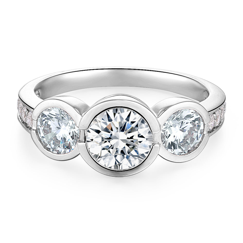 Three stone ring with 2.11 carats* of diamond simulants in 10 carat white gold