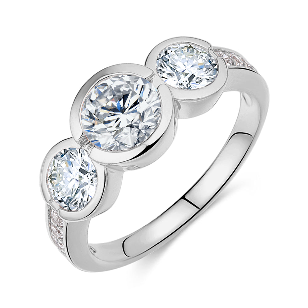 Three stone ring with 2.11 carats* of diamond simulants in 10 carat white gold