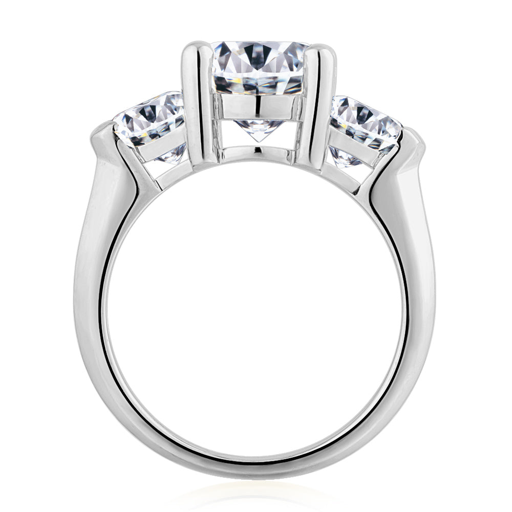Three stone ring with 4.15 carats* of diamond simulants in 10 carat white gold