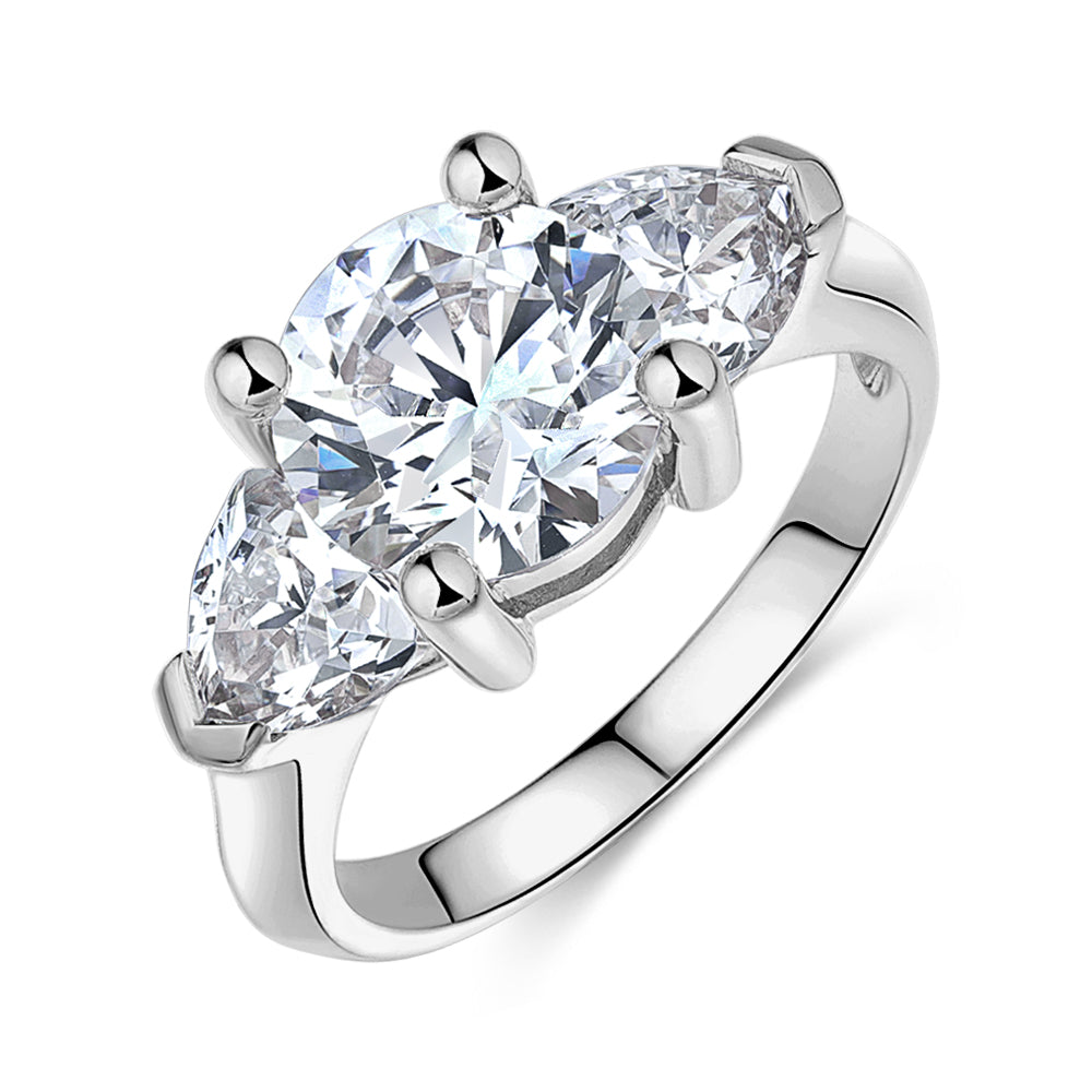 Three stone ring with 4.15 carats* of diamond simulants in 10 carat white gold