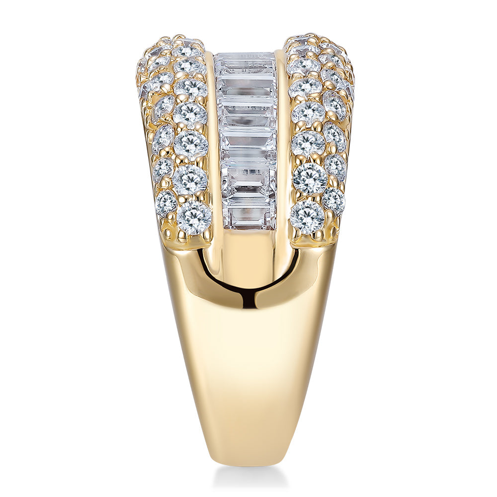 Round Brilliant and Baguette Dress ring with 2.65 carats* of diamond simulants in 10 carat yellow gold
