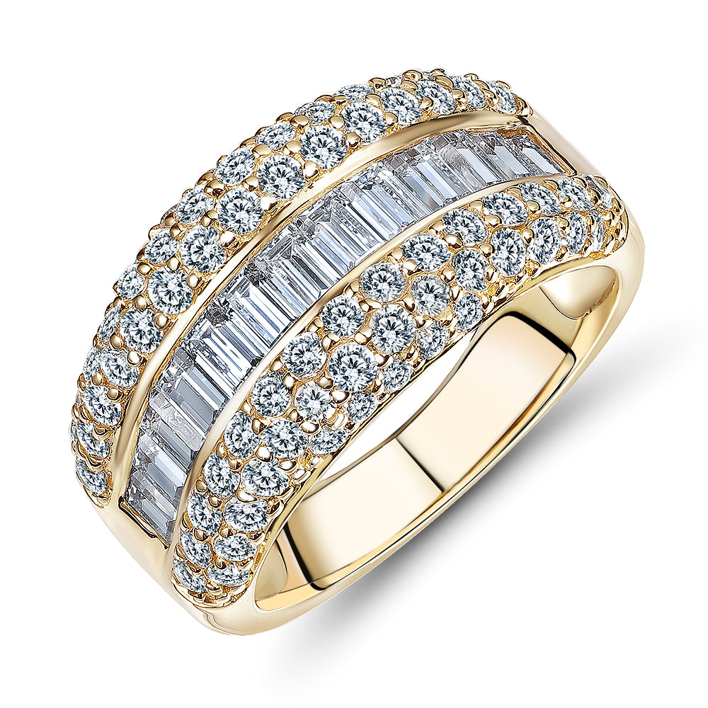 Round Brilliant and Baguette Dress ring with 2.65 carats* of diamond simulants in 10 carat yellow gold