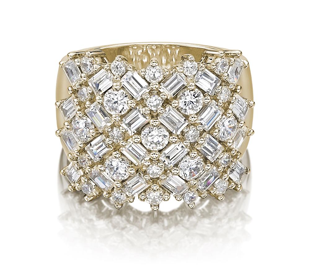 Dress ring with 3.59 carats* of diamond simulants in 10 carat yellow gold