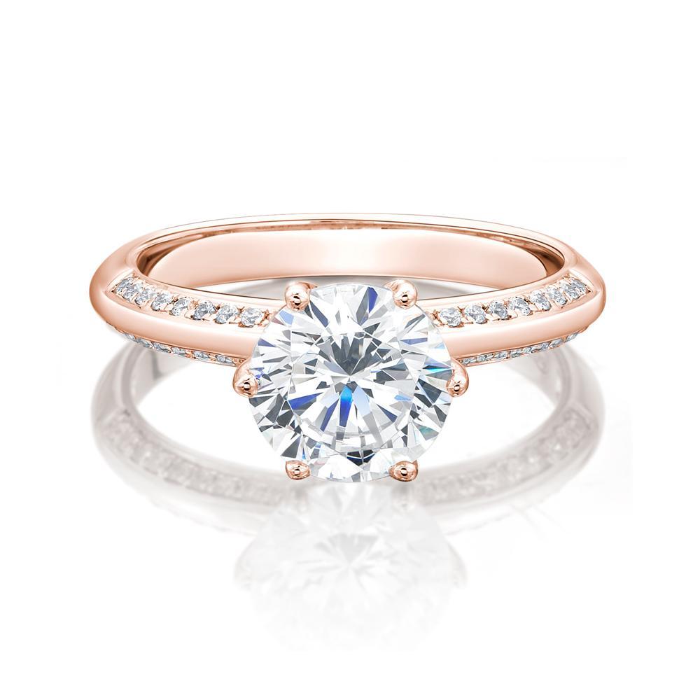 Round Brilliant shouldered engagement ring with 2.24 carats* of diamond simulants in 14 carat rose gold