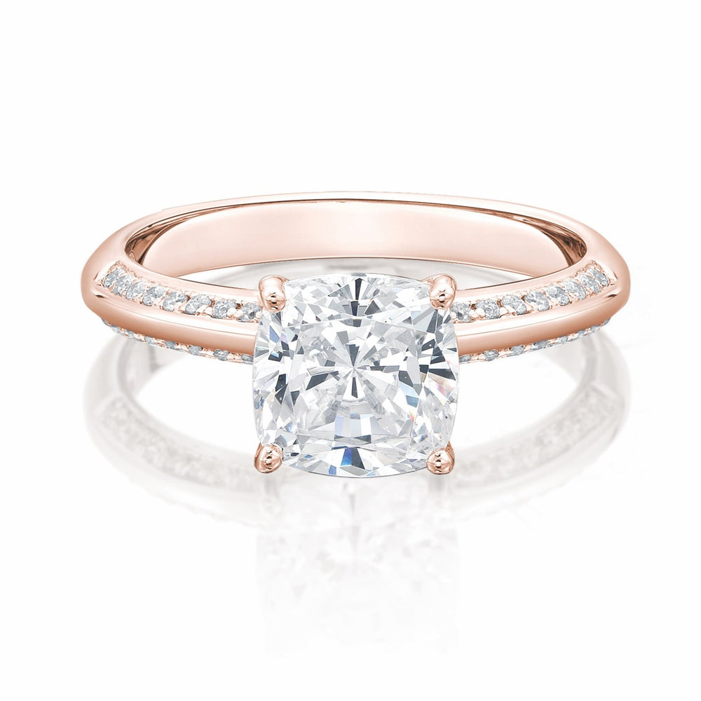 Cushion and Round Brilliant shouldered engagement ring with 1.87 carats* of diamond simulants in 14 carat rose gold
