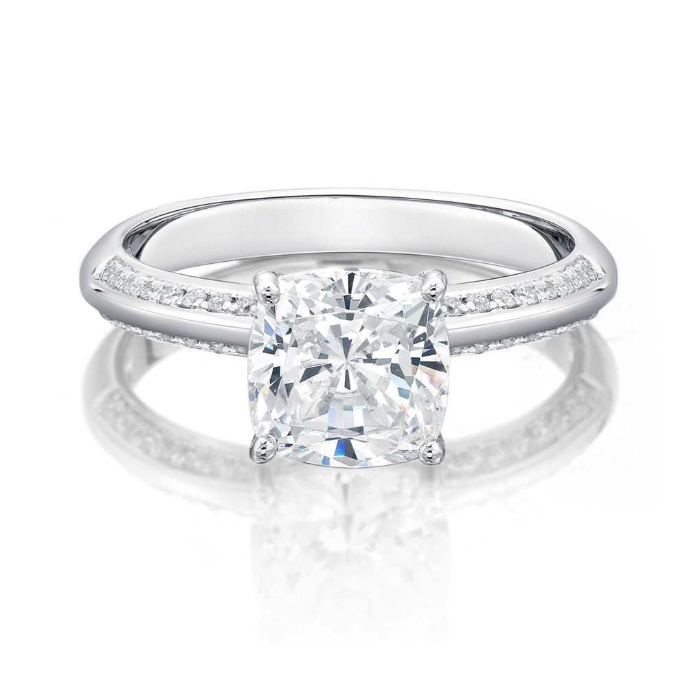 Cushion and Round Brilliant shouldered engagement ring with 1.87 carats* of diamond simulants in 14 carat white gold