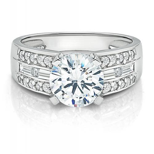 Round Brilliant and Baguette shouldered engagement ring with 2.52 carats* of diamond simulants in 10 carat white gold