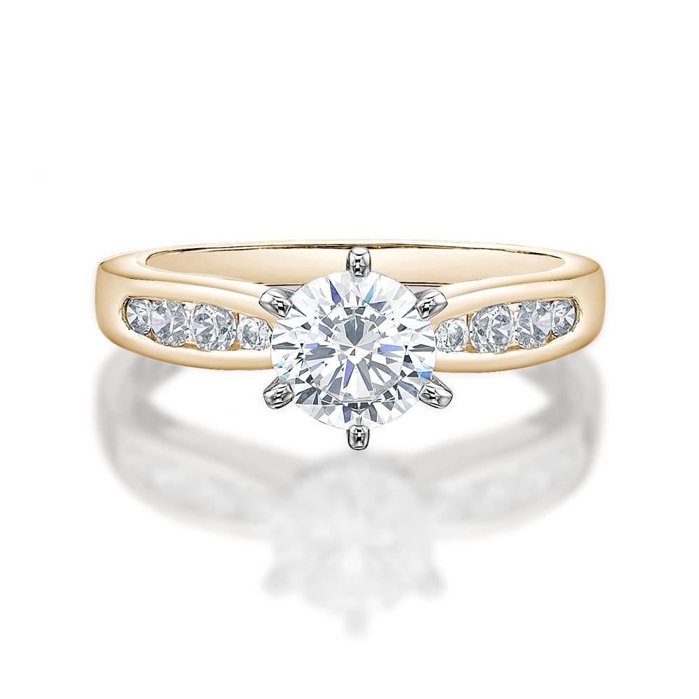 Round Brilliant shouldered engagement ring with 1.23 carats* of diamond simulants in 14 carat yellow and white gold