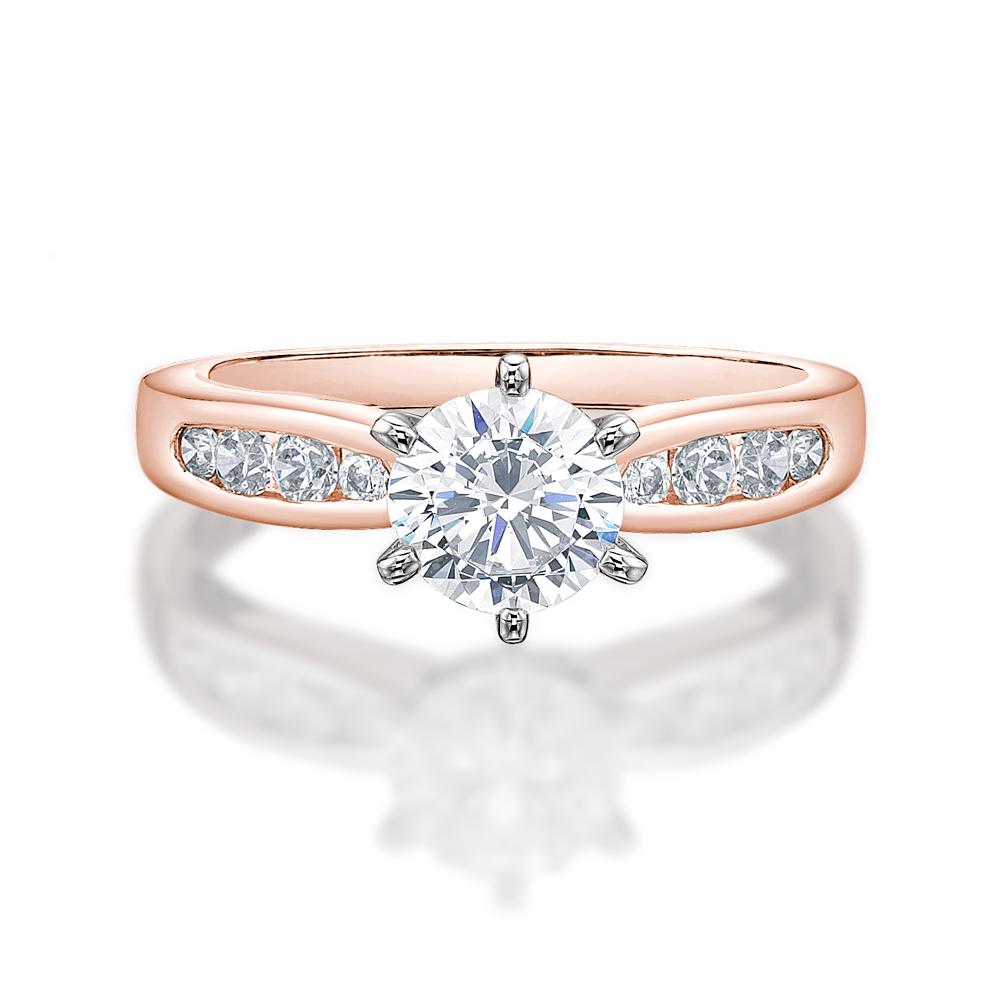 Round Brilliant shouldered engagement ring with 1.23 carats* of diamond simulants in 14 carat rose and white gold