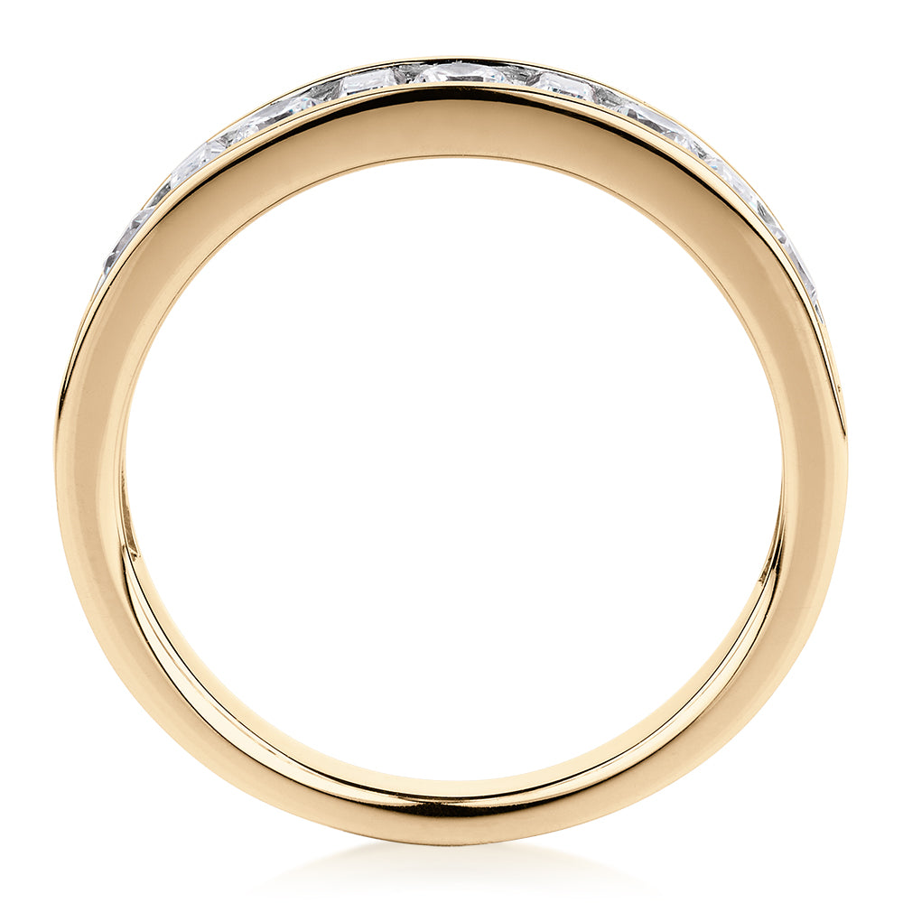 Round Brilliant wedding or eternity band with 0.76 carats* of diamond simulants in 14 carat yellow gold