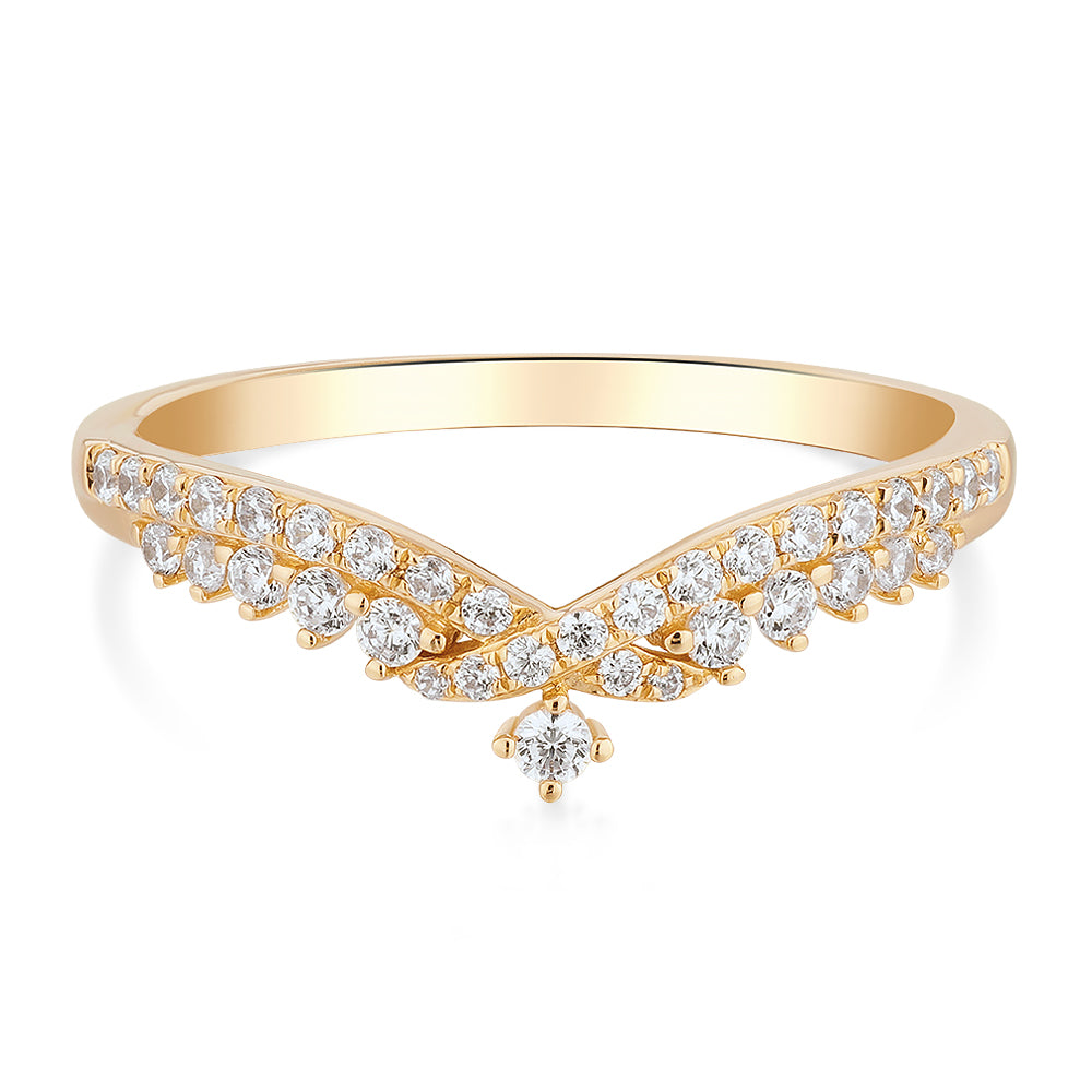 Round Brilliant curved wedding or eternity band with 0.27 carats* of diamond simulants in 10 carat yellow gold