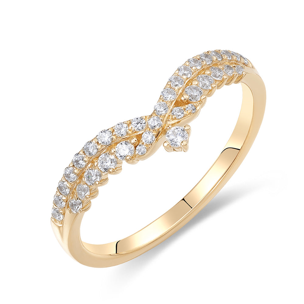 Round Brilliant curved wedding or eternity band with 0.27 carats* of diamond simulants in 10 carat yellow gold