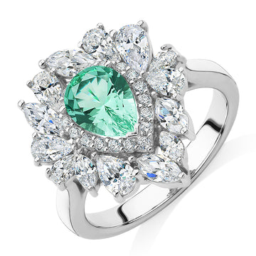 Dress ring with ocean green simulant and 2.42 carats* of diamond simulants in sterling silver secondary view