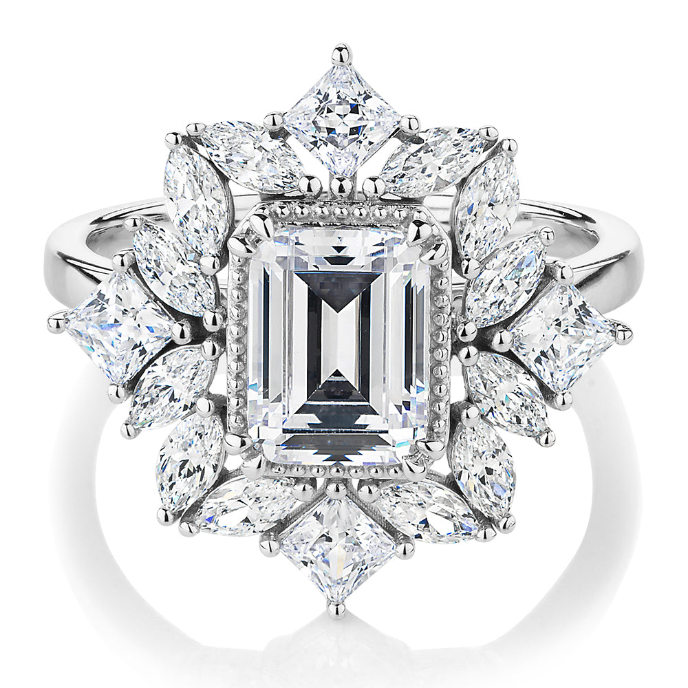Dress ring with 3.66 carats* of diamond simulants in 10 carat white gold