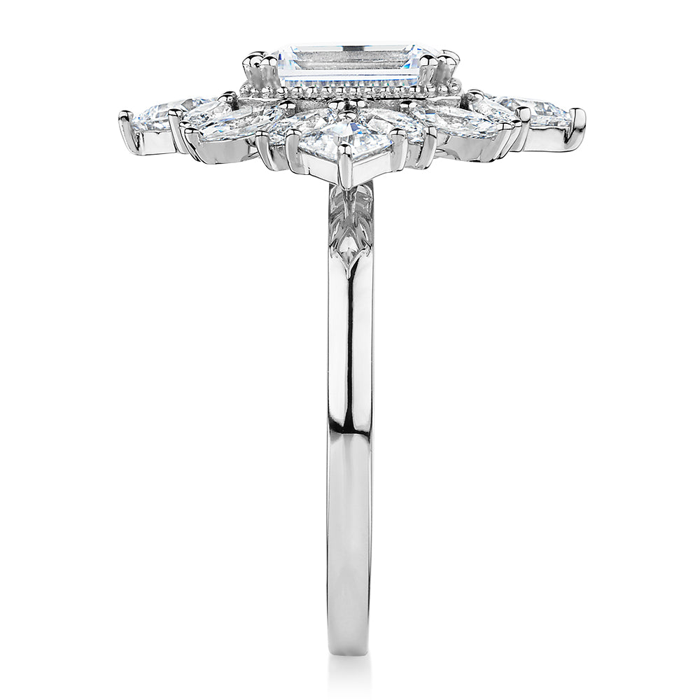 Dress ring with 3.66 carats* of diamond simulants in 10 carat white gold