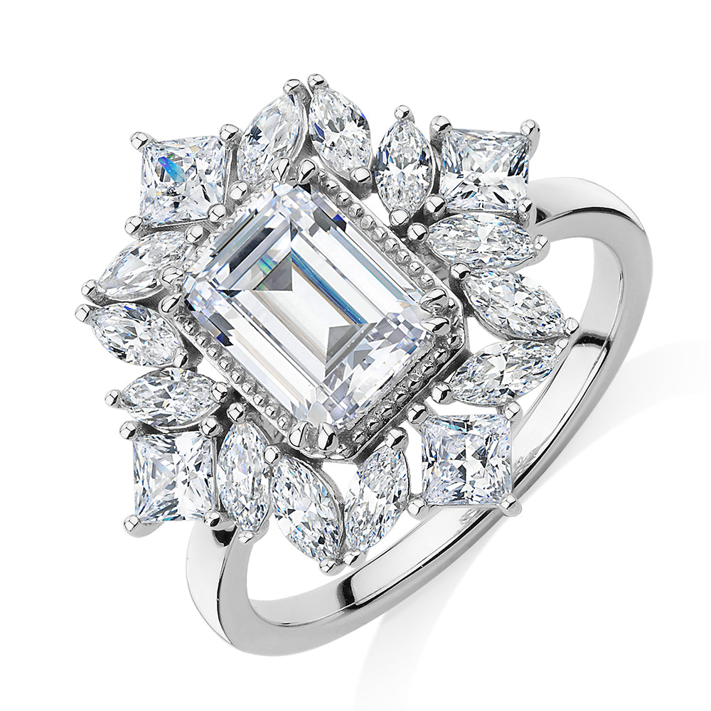 Dress ring with 3.66 carats* of diamond simulants in 10 carat white gold