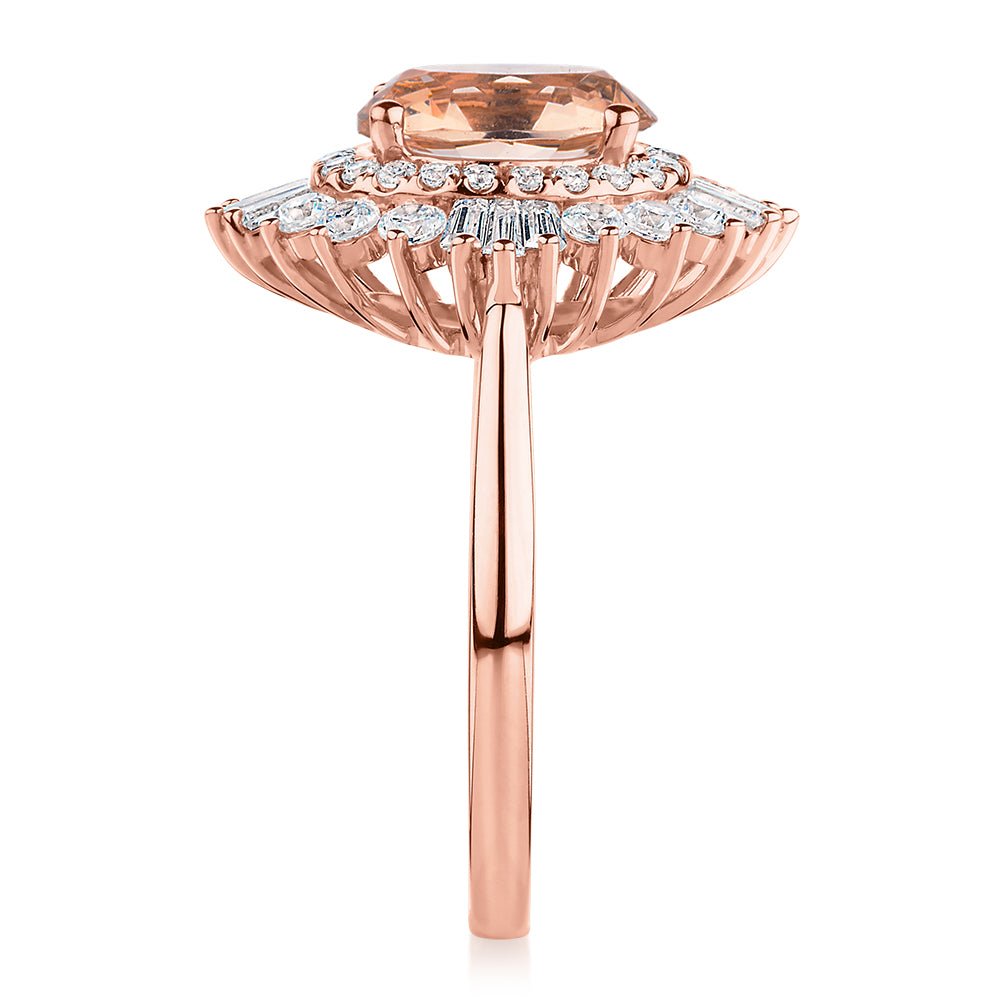 Dress ring with 9x7mm morganite simulant and 1.04 carats* of diamond simulants in 10 carat rose gold
