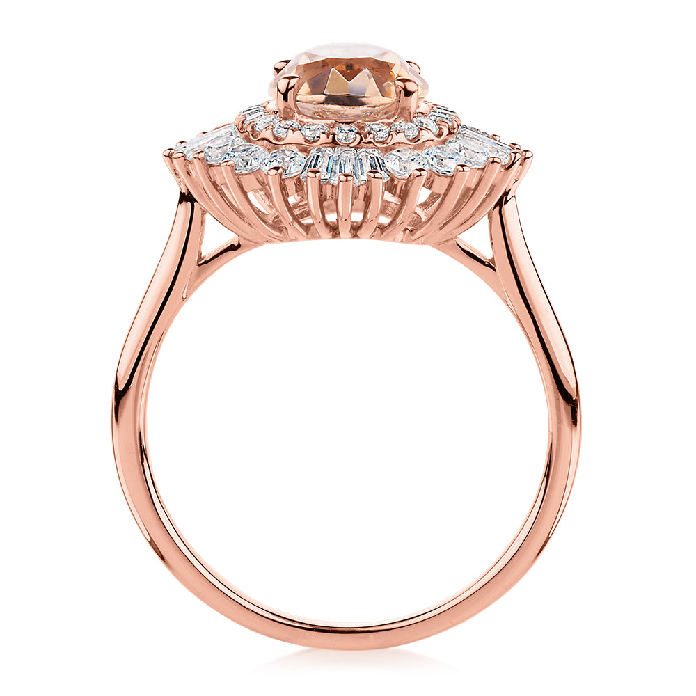 Dress ring with 9x7mm morganite simulant and 1.04 carats* of diamond simulants in 10 carat rose gold