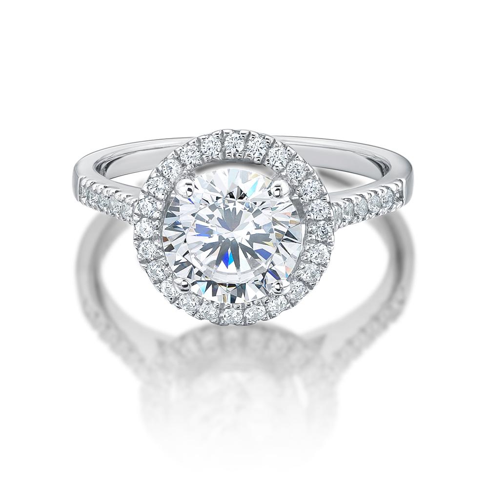 Round Brilliant halo engagement ring with 2.28 carats* of diamond simulants in 14 carat white gold