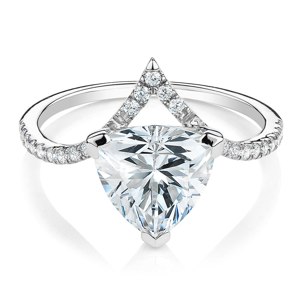 Trilliant and Round Brilliant shouldered engagement ring with 2.52 carats* of diamond simulants in 14 carat white gold