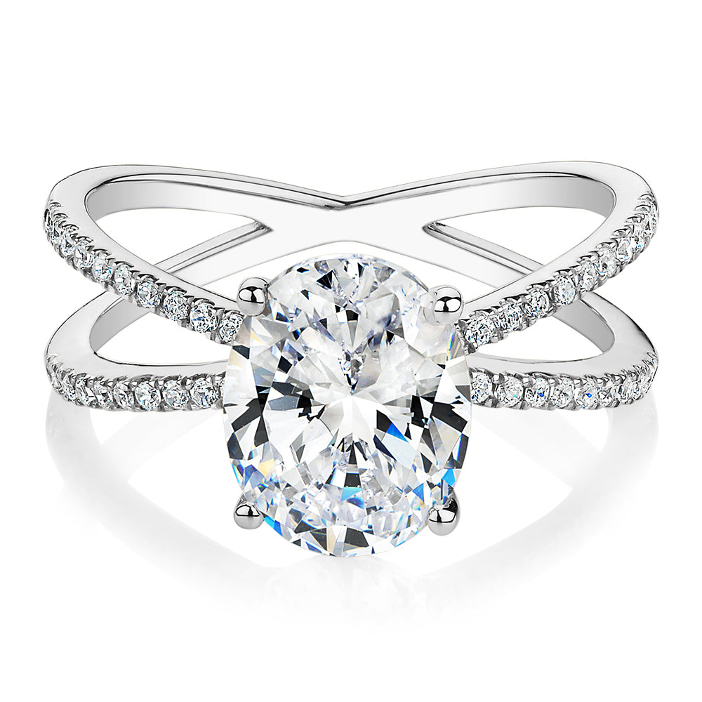 Oval and Round Brilliant shouldered engagement ring with 2.76 carats* of diamond simulants in 14 carat white gold