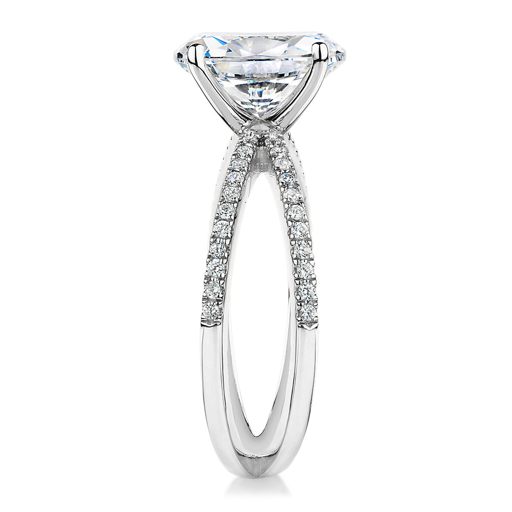 Oval and Round Brilliant shouldered engagement ring with 2.76 carats* of diamond simulants in 14 carat white gold