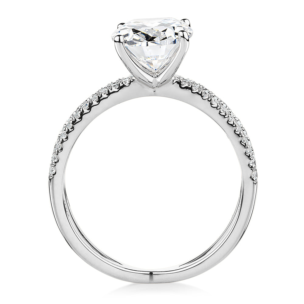 Oval and Round Brilliant shouldered engagement ring with 2.76 carats* of diamond simulants in 14 carat white gold