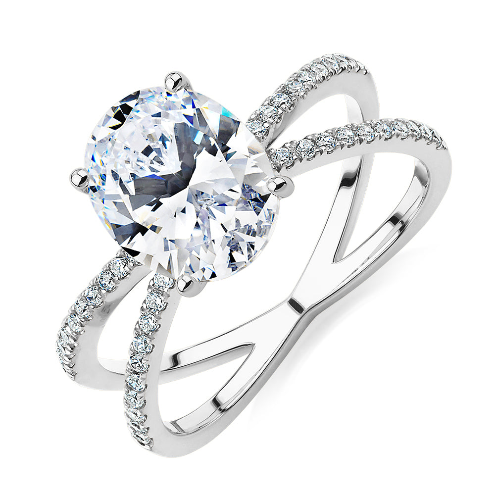 Oval and Round Brilliant shouldered engagement ring with 2.76 carats* of diamond simulants in 14 carat white gold