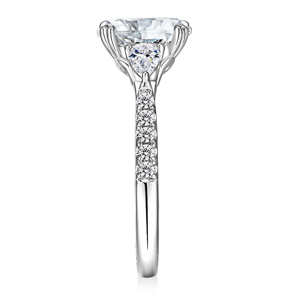 Oval and Pear shouldered engagement ring with 2.51 carats* of diamond simulants in 14 carat white gold