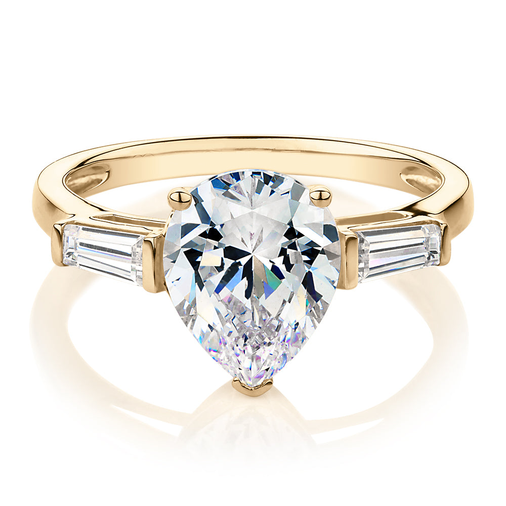 Pear shouldered engagement ring with 2.88 carats* of diamond simulants in 10 carat yellow gold