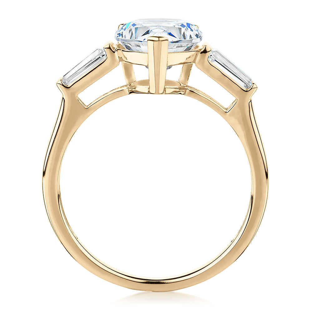 Pear shouldered engagement ring with 2.88 carats* of diamond simulants in 10 carat yellow gold