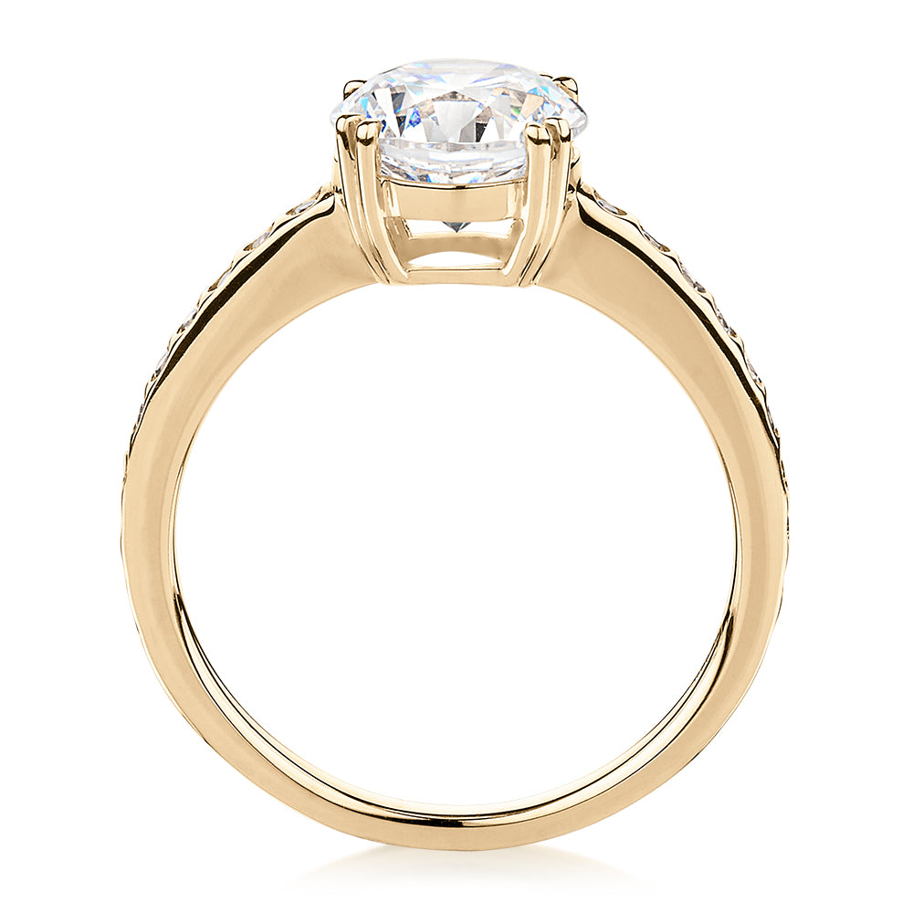 Round Brilliant shouldered engagement ring with 2.17 carats* of diamond simulants in 14 carat yellow gold