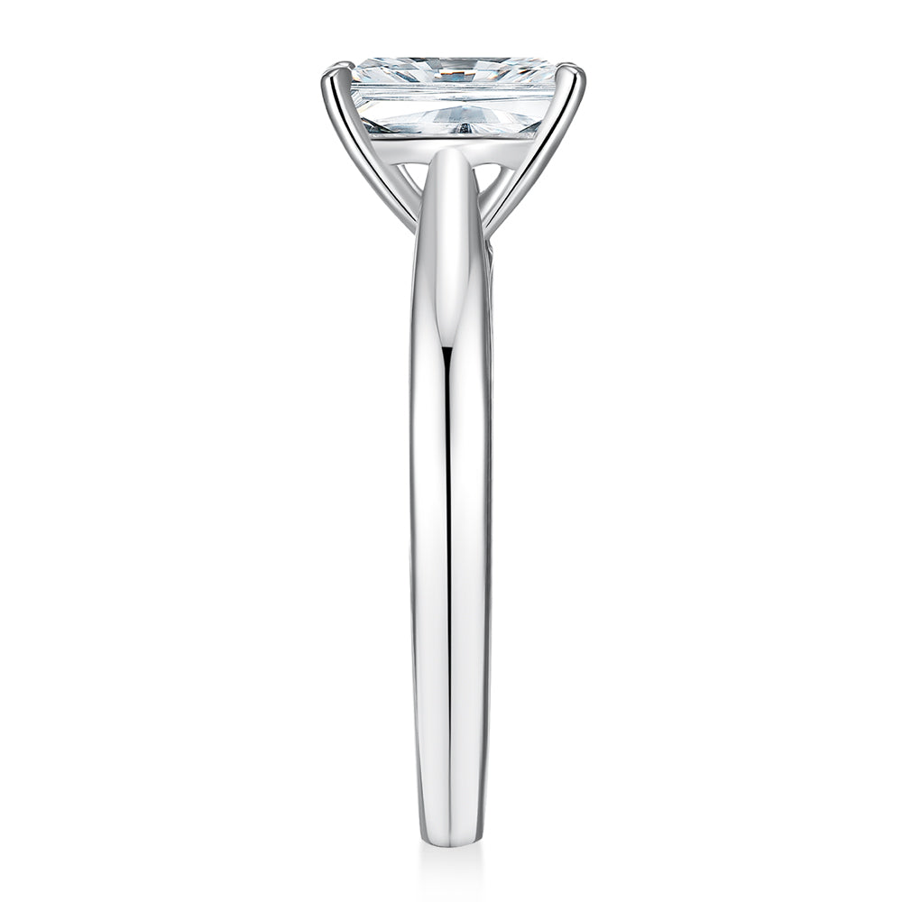 Radiant solitaire engagement ring with 1.74 carat* diamond simulant in 14 carat white gold