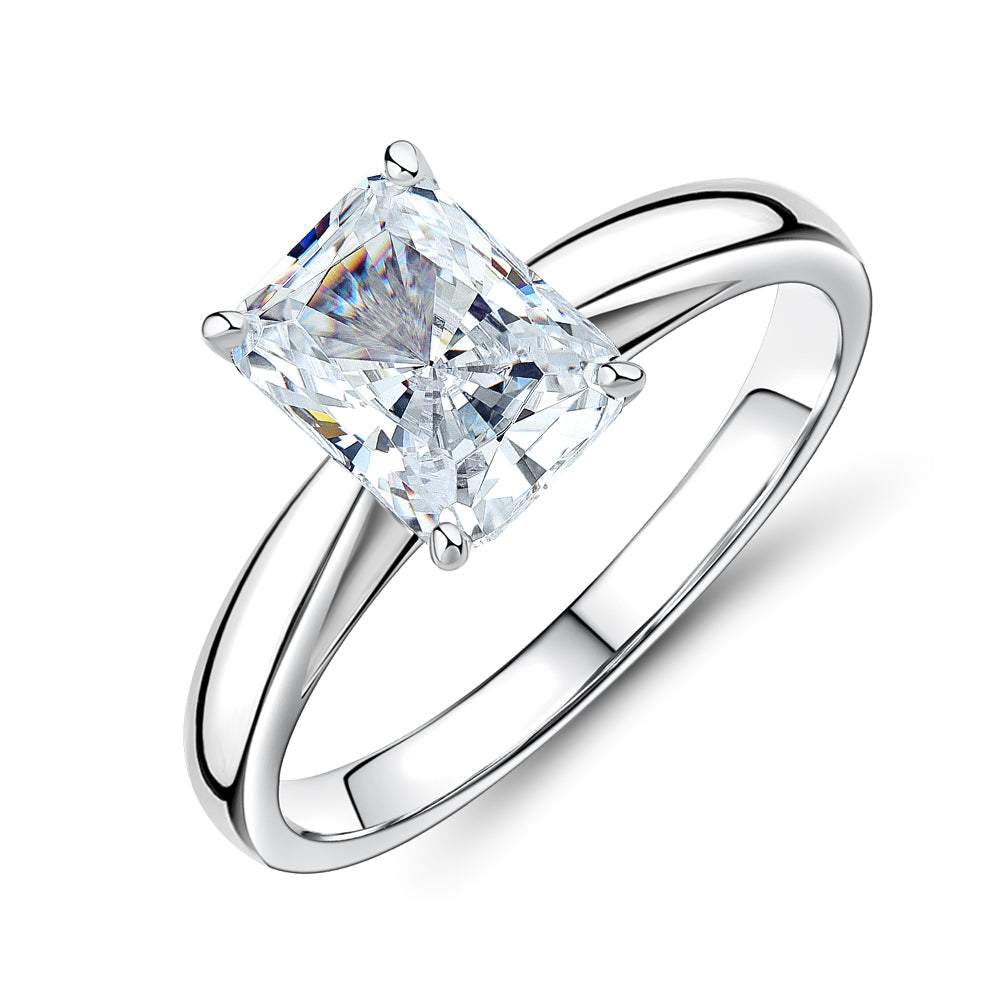 Radiant solitaire engagement ring with 1.74 carat* diamond simulant in 14 carat white gold