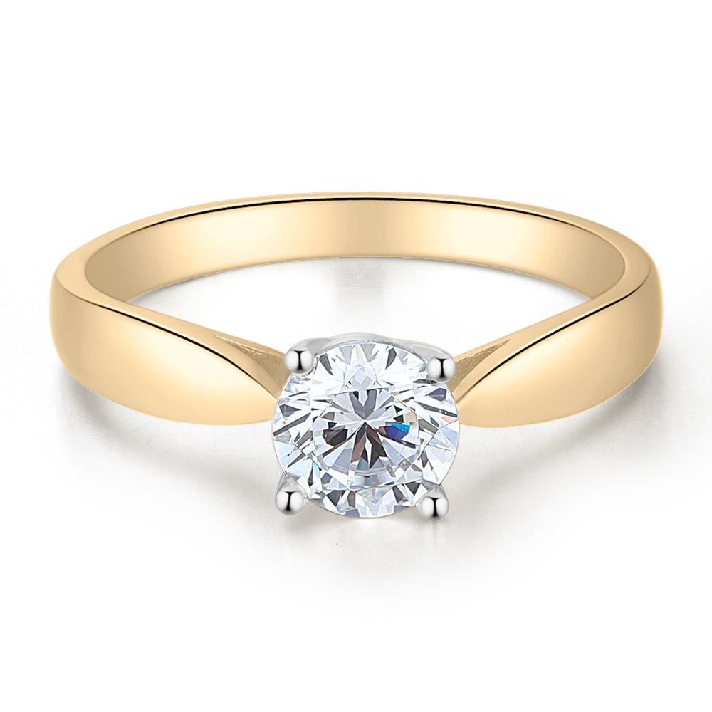 Round Brilliant solitaire engagement ring with 0.75 carat* diamond simulant in 14 carat yellow and white gold