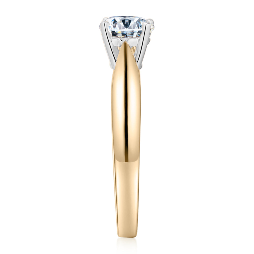Round Brilliant solitaire engagement ring with 0.75 carat* diamond simulant in 14 carat yellow and white gold