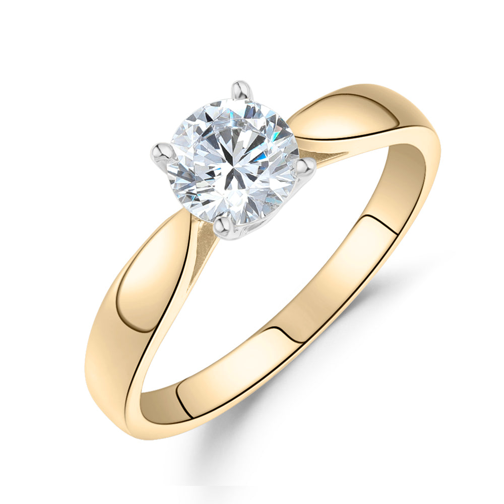 Round Brilliant solitaire engagement ring with 0.75 carat* diamond simulant in 14 carat yellow and white gold