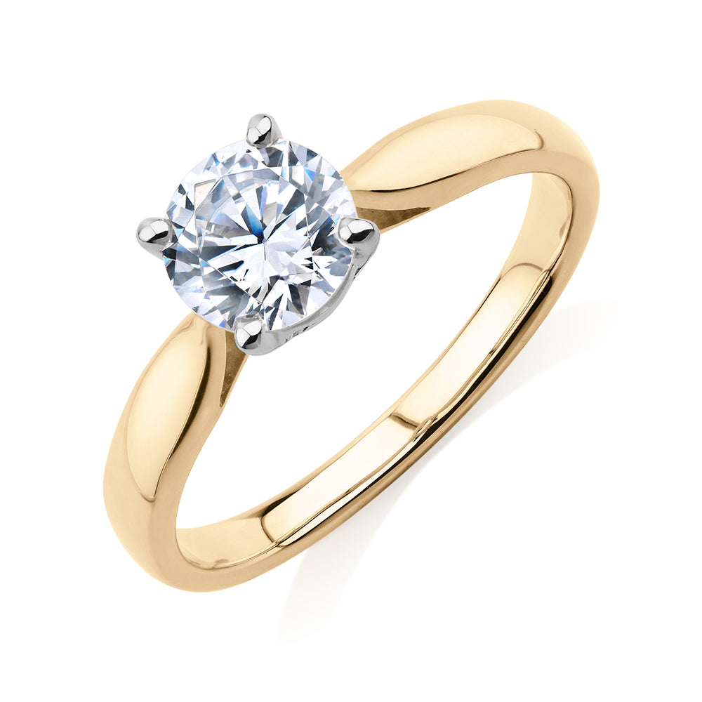Round Brilliant solitaire engagement ring with 1 carat* diamond simulant in 14 carat yellow and white gold