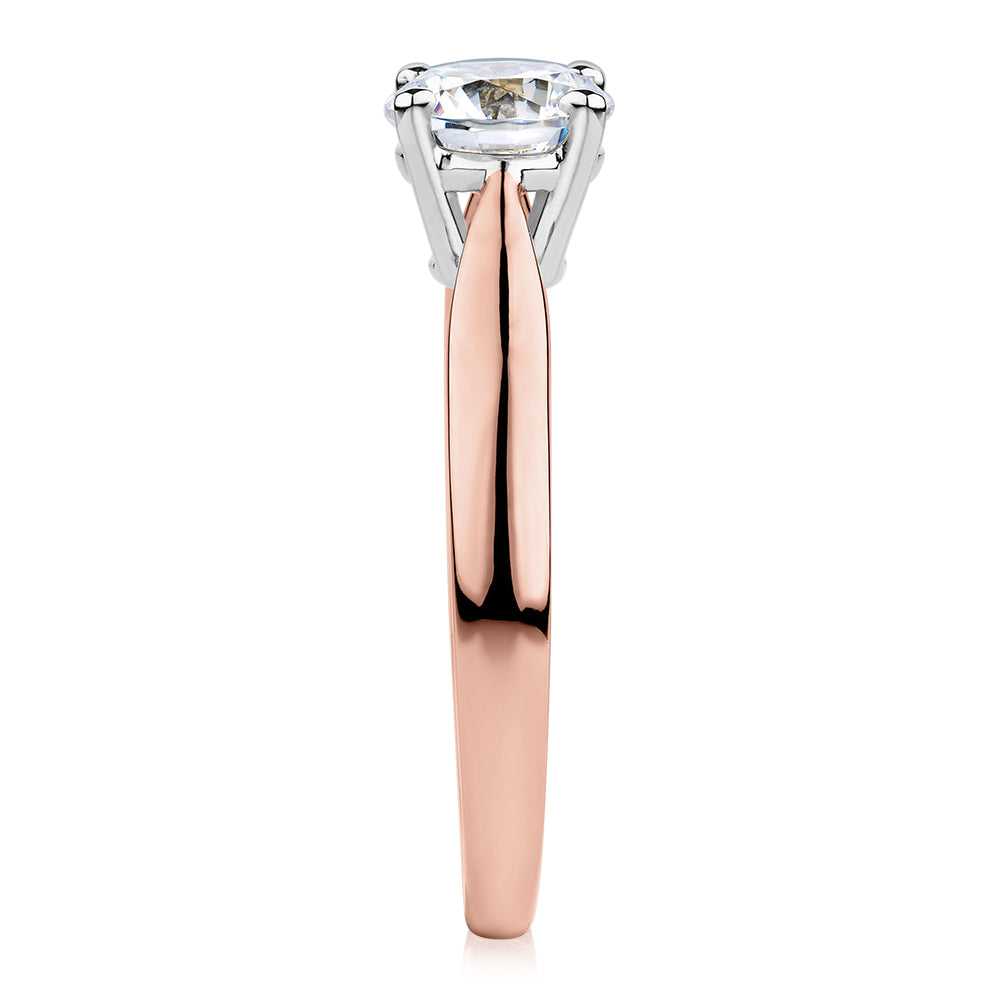 Round Brilliant solitaire engagement ring with 1 carat* diamond simulant in 14 carat rose and white gold