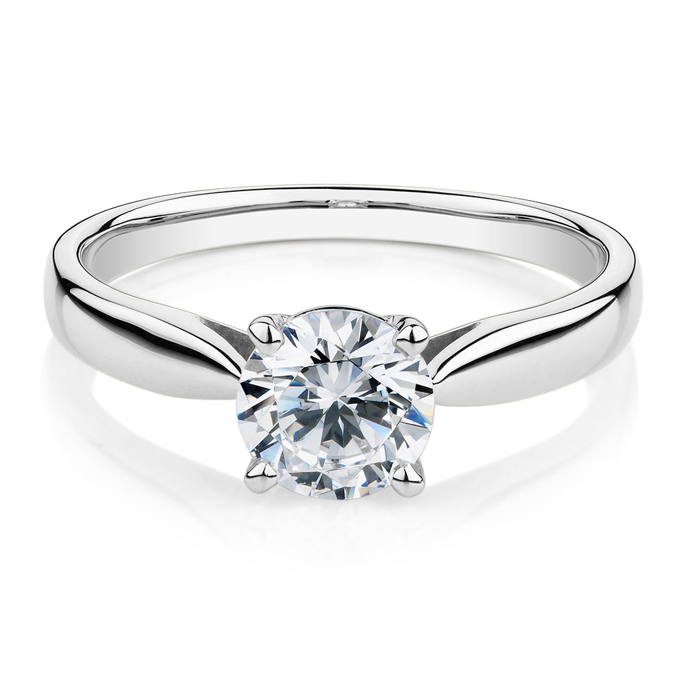 Round Brilliant solitaire engagement ring with 1 carat* diamond simulant in 14 carat white gold