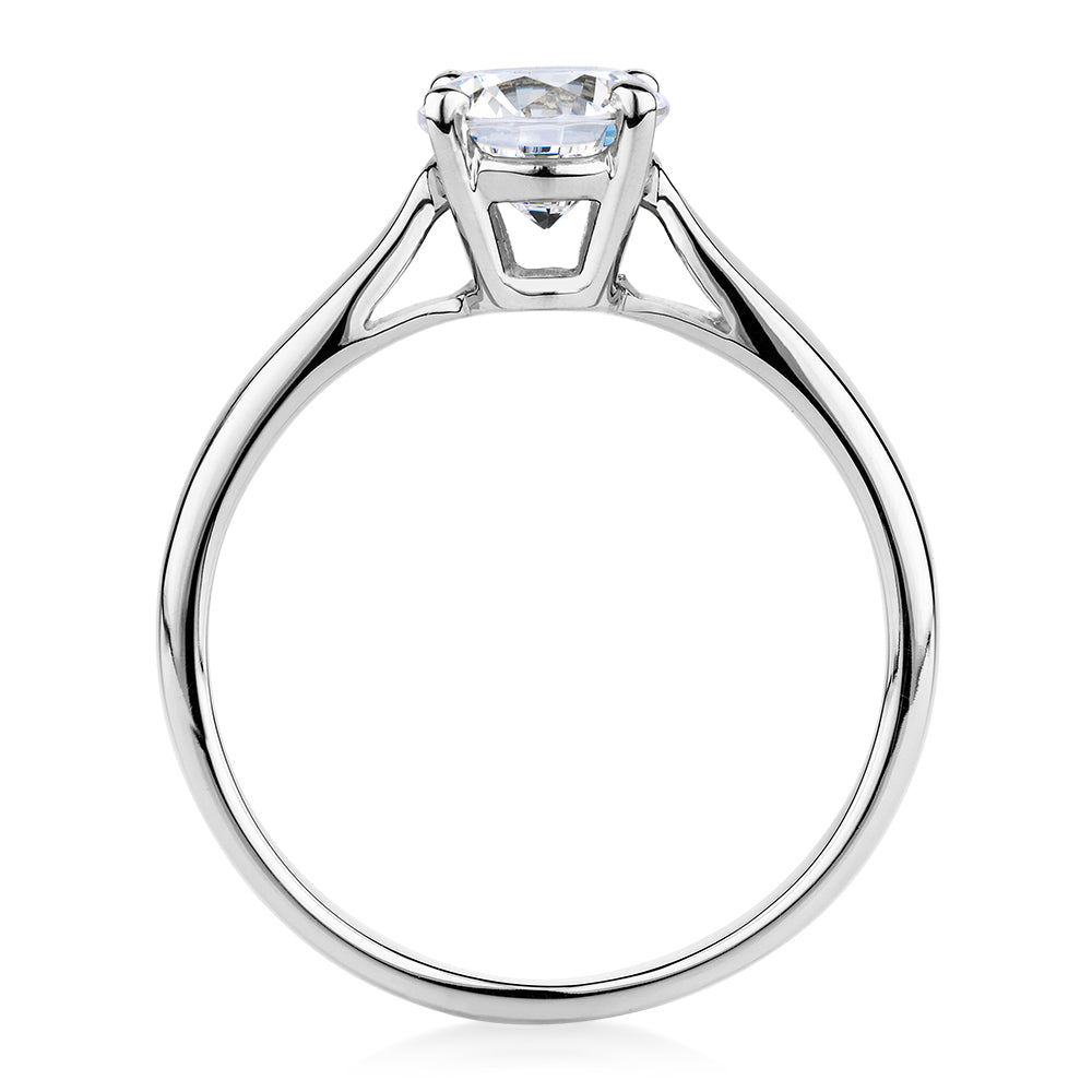 Round Brilliant solitaire engagement ring with 1 carat* diamond simulant in 14 carat white gold