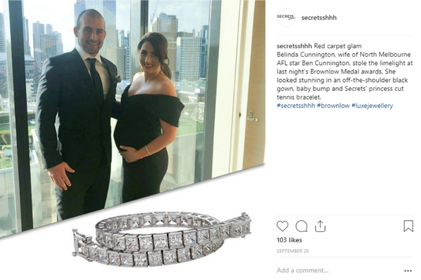 Belinda Cunnington at the 2018 Brownlows wearing a Secrets Tennis Bracelet