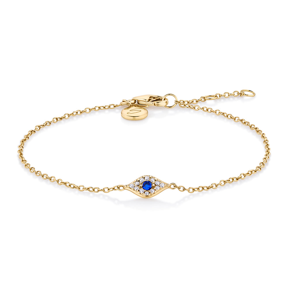Round Brilliant Signature Simulant and Sapphire Simulant evil eye bracelet in 18 carat yellow gold vermeil