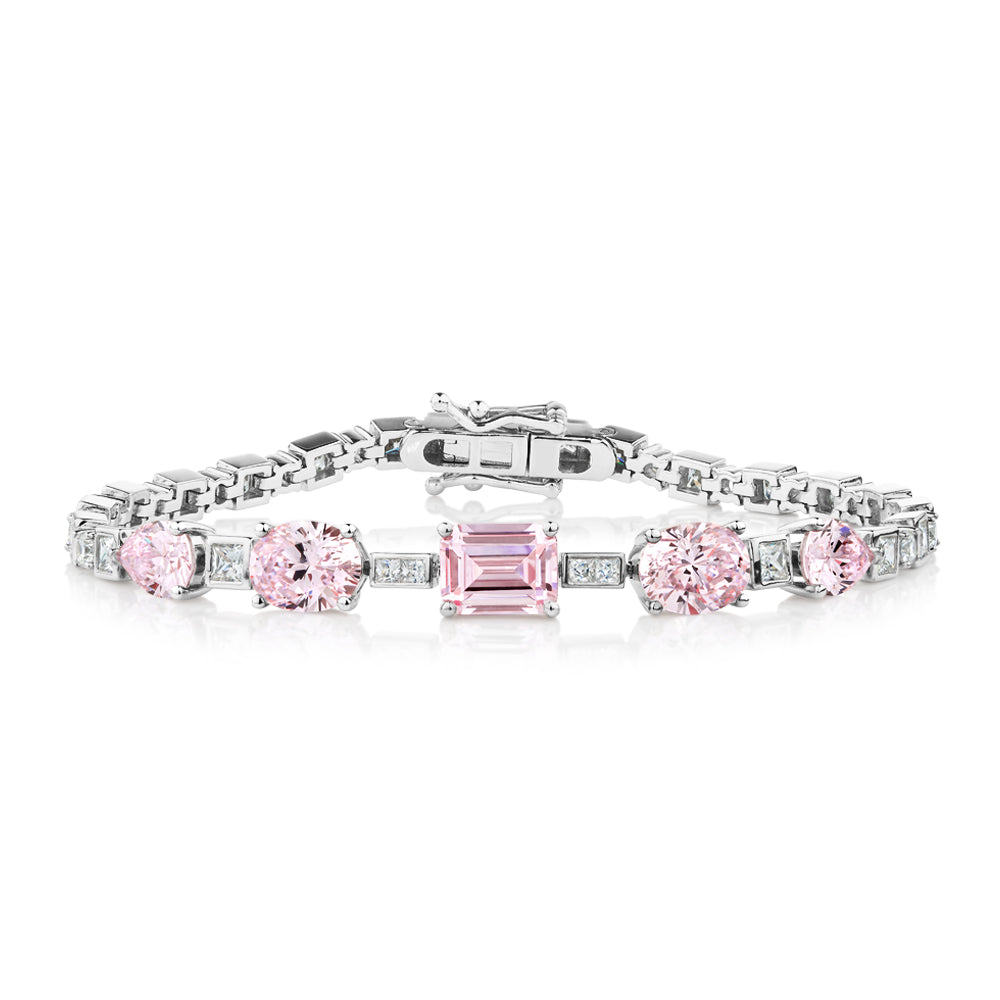 Emerald Cut, Oval and Pear tennis bracelet with 14.49 carats* of diamond simulants in sterling silver