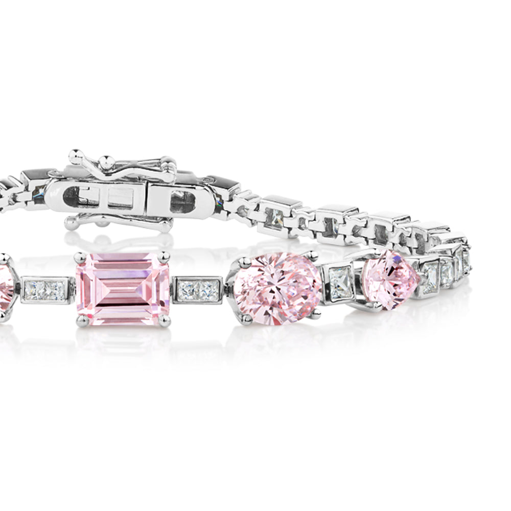 Emerald Cut, Oval and Pear tennis bracelet with 14.49 carats* of diamond simulants in sterling silver